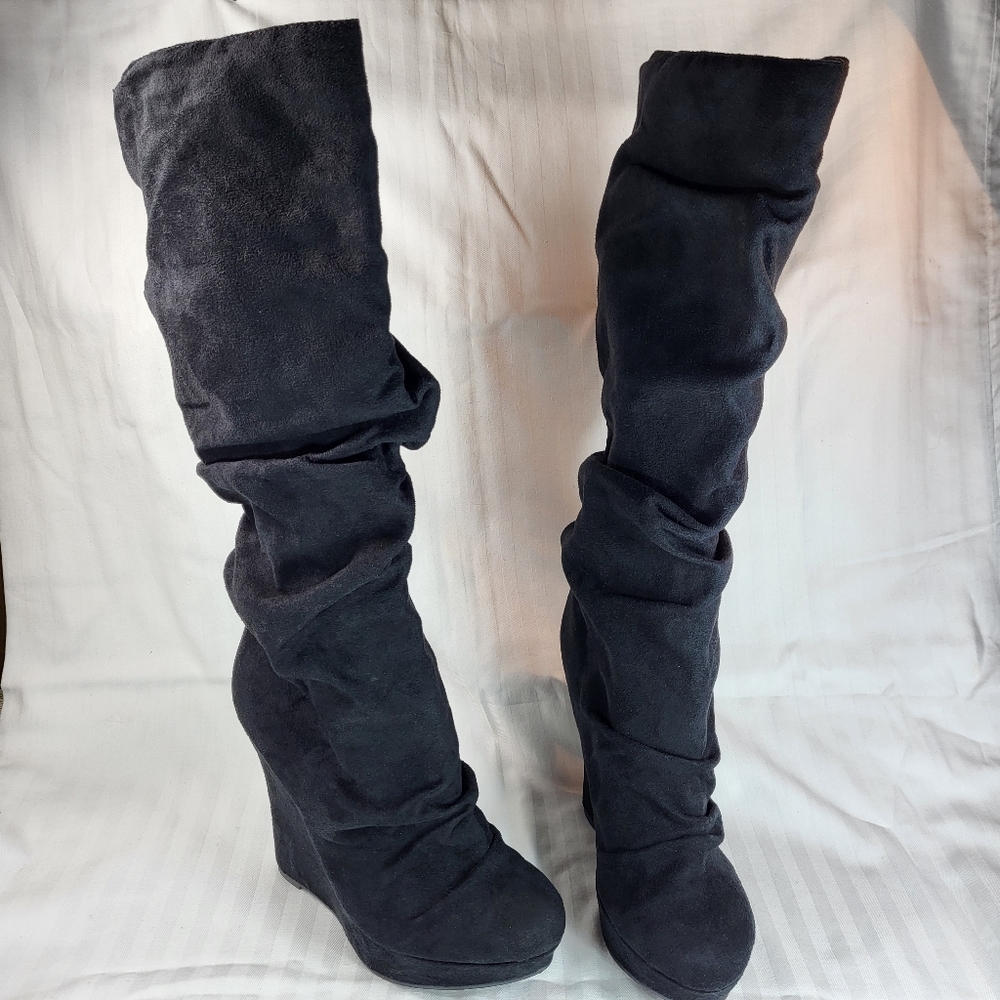 Michael Antonio Black BOOTS Womens Size 9 Wedge Platform Tall Knee High Slouch